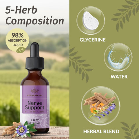 Herbamama Nerve Support Supplement - Vegan Nerve Support Formula With Ashwagandha & Bacopa Monnieri For Brain - Non-Gmo Alcohol & Sugar- Daily Calming Drops For Adults 28-Day Supply
