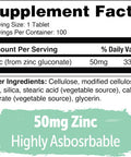 Yuve Natural Vegan Zinc Supplements 50Mg, Immune Support, Fast Relief From Colds And Flu, Acne Skin, Healthy Hormone Levels, Non-Gmo, Gluten & Sugar - 100 Vegetarian Tablets