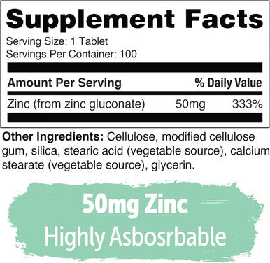 Yuve Natural Vegan Zinc Supplements 50Mg, Immune Support, Fast Relief From Colds And Flu, Acne Skin, Healthy Hormone Levels, Non-Gmo, Gluten & Sugar - 100 Vegetarian Tablets