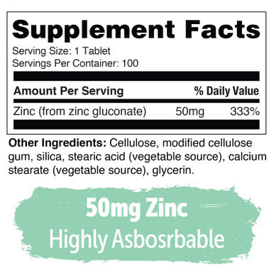 Yuve Natural Vegan Zinc Supplements 50Mg, Immune Support, Fast Relief From Colds And Flu, Acne Free Skin, Healthy Hormone Levels, Non-Gmo, Gluten & Sugar Free - 100 Vegetarian Tablets