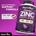 Nutrivein Premium Zinc Picolinate 100Mg - 120 Capsules - Immunity Defense Boosts Immune System & Cellular Regeneration - Maximum Strength Bioavailable Supplement - Essential Elements For Absorption