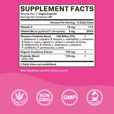 Vitacook Women S Probiotics, 100 Billion Cfu, 18 Strains, Prebiotics, Cranberry, Vb6 & Vc, Mood, Vaginal & Urinary Tract Health, Shelf Stable, 60 Delayed Release Caps