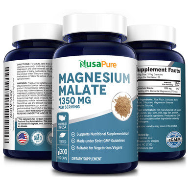 Magnesium Malate 1350 mg 200 Veggie Capsules (Vegan, Non-GMO & Gluten-Free) High Potency