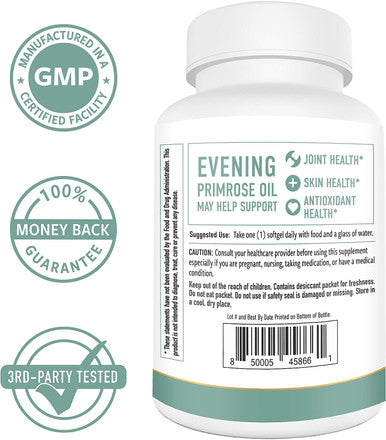 Evening Primrose Oil 1300mg (120 Softgels) 10% GLA from Cold-Pressed EPO Oil. No Preservatives or Artificial Additives; Non-GMO & Gluten Free
