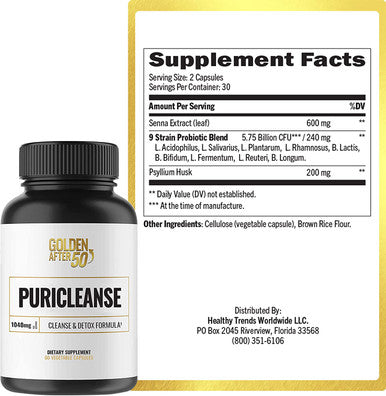 Golden After 50 PuriCleanse Detox and Colon Cleanse Support 60 Capsules 1040mg with Probiotics Senna Leaf and Psyllium Husk for Gut Cleanse and Bloating Relief for Men and Women