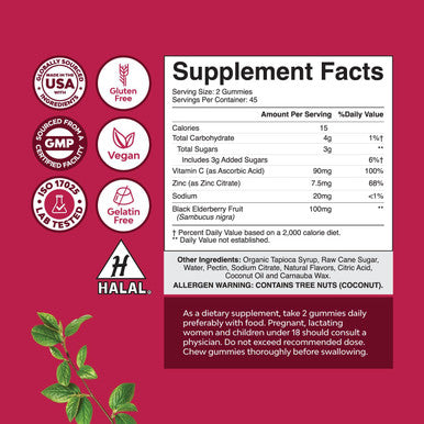 Elderberry Vitamin C And Zinc Gummies - Advanced Immune Booster Sambucus Elderberry Gummies For Adults - Super Antioxidants Supplement Immunity Gummies - Vegan Halal Black Elderberry Gummy 90Ct