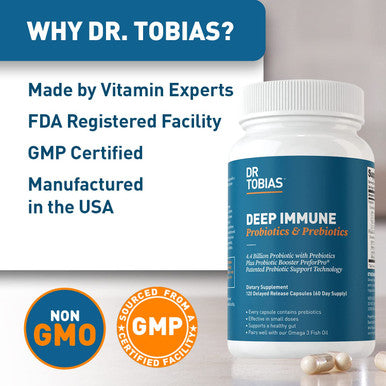 Dr. Tobias Deep Immune Probiotics Prebiotics for Women Men 4.4 Billion CFUs Helps Support Digestive Gut Health Immune Strength Absorb Nutrition 2 Daily 120 Capsules 60 Day Supply