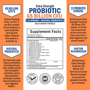 Probiotic 65 Billion Probiotics with Prebiotic for Women Men Lactobacillus Acidophilus Digestive Health Capsules Targeted Release Technology Shelf Stable Supplement NonGMO Dairy 30ct