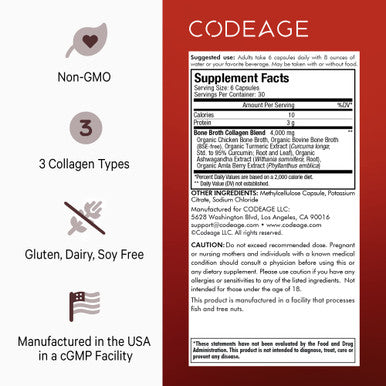 Codeage Organic Bone Broth Collagen Peptides Capsules Supplement, Grass Fed Beef Bone Broth, Free-Range Chicken Bone Broth, Turmeric & Ashwagan, Bones, Cartilage, Skin, Joint Support - 180 Capsules