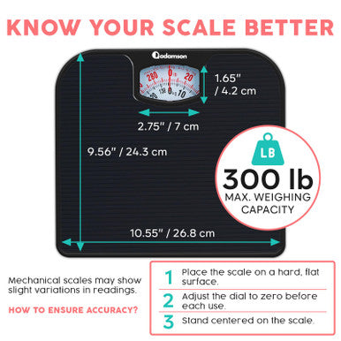 Adamson A21 Analog Scales For Body Weight - Up To 300 Lb - New - Anti-Skid Rubber Surface - Large Numbers - Analog Bathroom Scale - Affordable - Durable With 20-Year Assurance - Full Black