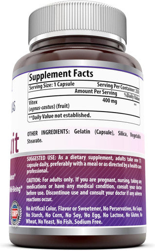 Amazing Nutrition Formulas Vitex Fruit 400mg 250 Capsules Supplement | Non-GMO | Gluten | Made in USA