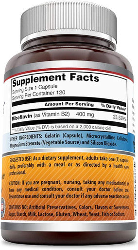 Amazing Nutrition Formulas Riboflavin 400 mg Capsules | Vitamin B2 Supplement | Non-GMO | Gluten | Made in USA (120 Count | 3 Pack)