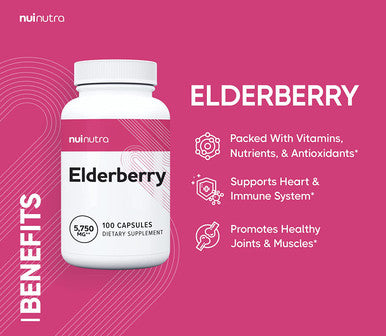 Nui Nutra Elderberry Capsules | 5750mg | 100 Capsules | Maximum Strength Elderberry (10:1 Extract) | Vegetarian | Immune Support | Antioxidants | for Men & Women