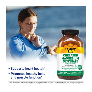 Country Life Chelated Magnesium Glycinate 400Mg 180 Tablets Certified Gluten Free Certified Vegan Certified Halal Non-Gmo Verified