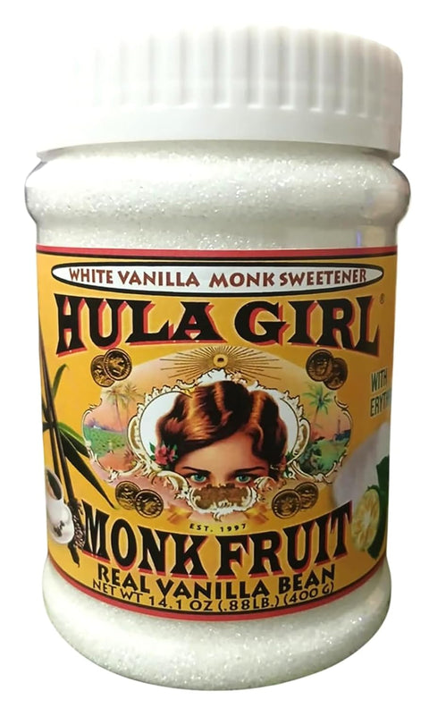 Hula Girl Organic Monk Fruit Extract Sweetener with Erythritol infused with Vanilla Bean Pod, Net Wt. 14.1 oz / 400 grams Jar
