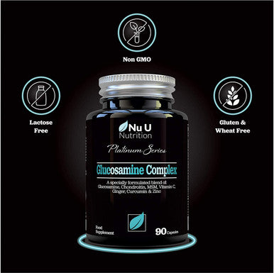 Glucosamine and Chondroitin, MSM, Vitamin C, Ginger, Turmeric Curcumin & Zinc | 90 Glucosamine Sulphate Capsules | Platinum Series by Nu U Nutrition Made in The UK
