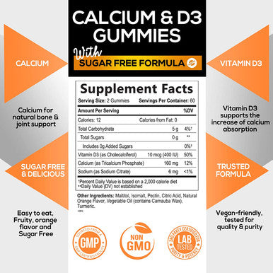Sugar Free Calcium Gummies with Vitamin D3 - Premium Calcium Phosphate & Vitamin D Gummy Chews Support Bones & Teeth - Nature's Non-GMO Supplement, Tasty Orange Flavor, for Everyone - 120 Gummies