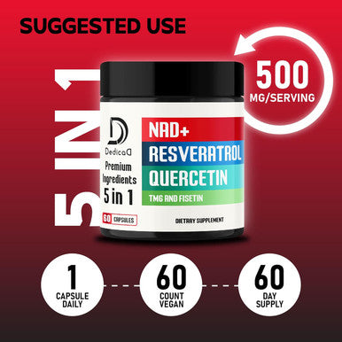 DEDICAD Nad+ Supplement 500Mg - Pure Nad Supplement - Combined To Fisetin, Tmg, Resveratrol And Quercetin - Energy And Dna Repair, Aging Defense, Brain Function - 60 Capsules