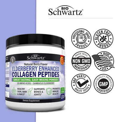 Collagen Powder for Women Men Vitamin C Elderberry Collagen Peptides Protein for Hair Growth Skin Nails Joint Bone Immune Support Defense Easy Mixing Amino Acids Keto Supplement 30 Days