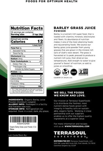 Terrasoul Superfoods Organic Barley Grass Juice Powder 5 Oz - USA Grown | Made From Concentrated Juice | Superior to Barley Grass