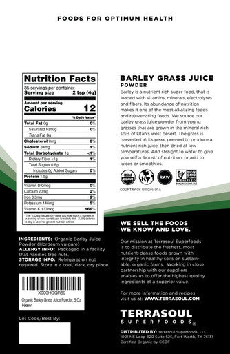 Terrasoul Superfoods Organic Barley Grass Juice Powder 10 Oz - USA Grown | Made From Concentrated Juice | Superior to Barley Grass