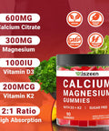 Calcium With Vitamin D3 K2 Gummies, Sugar Calcium Supplement For Women & Men, Chewable Calcium Citrate With Magnesium, Zinc For Bone, Muscle & Immune Support