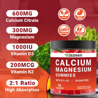 Calcium With Vitamin D3 K2 Gummies, Sugar Calcium Supplement For Women & Men, Chewable Calcium Citrate With Magnesium, Zinc For Bone, Muscle & Immune Support