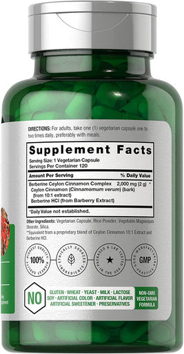 Berberine Plus Ceylon Cinnamon 2000mg 120 Veggie Capsules Vegetarian Non GMO and Gluten Free Supplement Berberine Complex by Horbaach