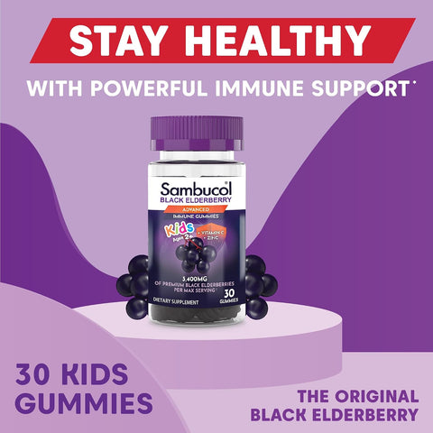 Sambucol Black Elderberry Gummies For Kids - Elderberry Gummies With Zinc And Vitamin C Elderberry For Kids - 30 Count