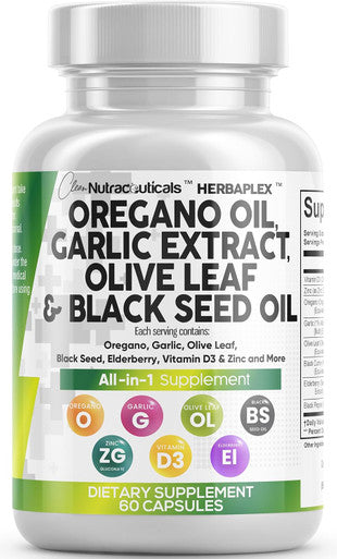 Clean Nutraceuticals Oregano Oil Garlic Extract Olive Leaf Black Seed Oil - Immune Support & Digestive Health Supplement For Women And Men With Vitamin D3 & Zinc - 1Pack