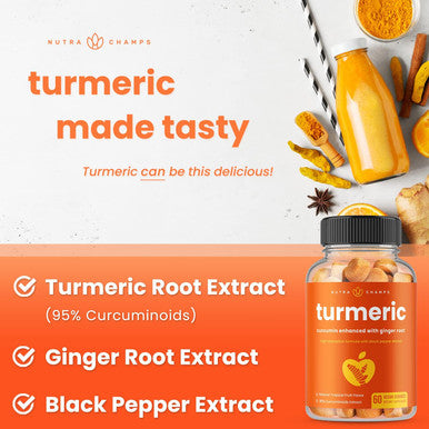 Turmeric Gummies For Adults & Kids With Ginger & Black Pepper Extract 95% Curcuminoids Vegan Natural Curcumin Joint Support 120 Tumeric Gummy Supplements (2-Pack Of 60)