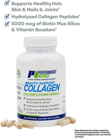 Performance Inspired Nutrition Collagen Joint/Skin/Nails/Beauty Support Capsules Contains 5000mcg of Biotin Silica Aloe Vera Collagen Peptides Hydrolyzed Acid AllNatural Big 120 Ct