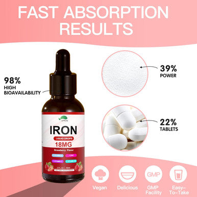 Liquid Iron Supplement For Women & Men,Organic Iron Complex With Folate,Vitamin C,B12 For Faster Absorption & Immune Support,Vegan(Strawberry,2 Fl Oz)