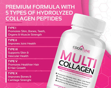 Cognitune Multi Collagen Pills with Hyaluronic Acid and Vitamin C Biotin - Type I II III V X Hydrolyzed Collagen Protein; Healthy Hair Skin Nails Joints -120- Collagen Peptides Capsules for Women & Men