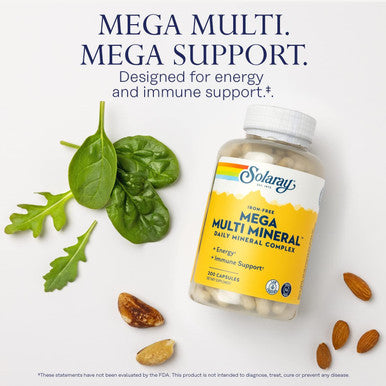 Solaray Iron-Mega Multi Mineral - Daily Mineral Complex W/Calcium, Magnesium, Zinc And More, Absorbable Chelated Forms, Energy And Immune Support, 60-Day , 50 Servings, 200 Capsules