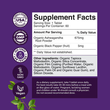 Natures Craft High Strength Organic Ashwagandha Supplements - Calm Mood Support Ashwagandha with Black Pepper for Enhanced Absorption - Vegan and Non-GMO (60 Tablets)