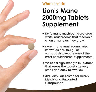 Lions Mane Mushroom Extract Supplement 2000Mg - 180 High Strength Vegan Tablets With Black Pepper - (Not Powder Or Capsules) Made In The Uk By Leaf Products