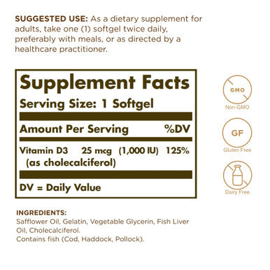 Solgar Vitamin D3 (Cholecalciferol) 25 mCG (1000 IU) Softgels - 250 Count