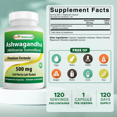 Best Naturals 3 Pack Ashwagandha Capsules For Relaxing Stress And Mood 500 Mg 120 Count (Total 360 Capsules)