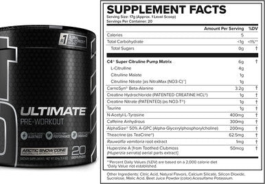 C4 Ultimate Pre Workout Powder Arctic Snow Cone Sugar Free Preworkout Energy Supplement for Men and Women 300mg Caffeine + 3.2g Beta Alanine + 2 Patented Creatines 20 Servings