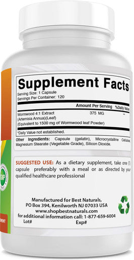 Best Naturals Wormwood Extract 1500 mg Equaivalent Per Serving-120 Capsules. Gluten Non-GMO