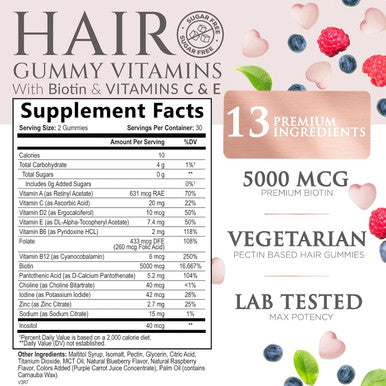 Nature'S Nutrition Sugar Hair Vitamins Gummies with Biotin 5000 mcg Vitamin A B12 C D E Folic Acid Supports Hair Growth Gummy Vegetarian Friendly Supports Strong Beautiful Hair and Nails - 60 Gummies