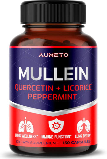 Aumeto Mullein Supplement - Enhanced Formula with Quercetin Licorice for Lung Detox Respiratory and Immune System Support (150 count (pack of 1))