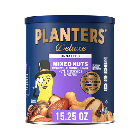 PLANTERS Deluxe Mixed Nuts, Cashews, Almonds, Brazil Nuts Mix, Pistachios, Pecans, Lightly Salted, Snacks for Adults and Kids, Party Snack, 15.25oz