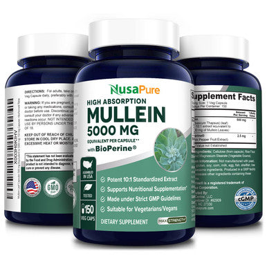 NusaPure Mullein Leaf Capsules 5000mg | 150 Veggie Caps mg | Bioperine