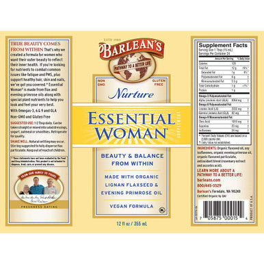 Barleans Essential Woman Oil Blend from Flaxseed Oil with Omega 3 6 9 and GLA Vegan All Natural Flavor NonGMO Gluten Free 12Ounce