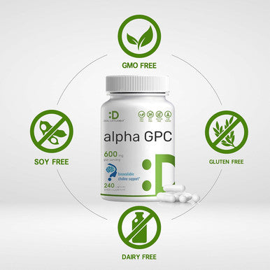 Deal Supplement Alpha GPC 600mg Per Serving 240 Capsules Bioavailable Choline Replenishment Nootropic Brain Health Supplements for Memory and Focus Non-GMO Gluten