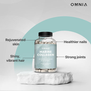 Omnia Marine Collagen Capsules 1200mg Premium Skin Hair and Nail Health Support for Women and Men Enriched with Type Collagen Hyaluronic Acid and Vitamin C High Potency Formula UK Made 120 Capsules