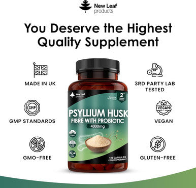 Fibre Supplement 4000Mg Psyllium Husk With Acidophilus - High Strength - Natural Soluble Fiber Supplement From Plantago Ovata Seeds, 120 Psyllium Husks Capsules Vegan, Made In Uk By Leaf