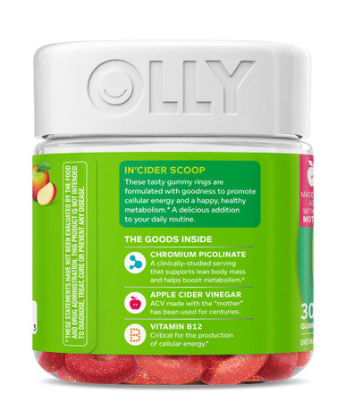 OLLY Metabolism Gummy Rings Apple Cider Vinegar Vitamin B12 Chromium Energy and Digestive Health Chewable Supplement Apple Flavor 30 Count